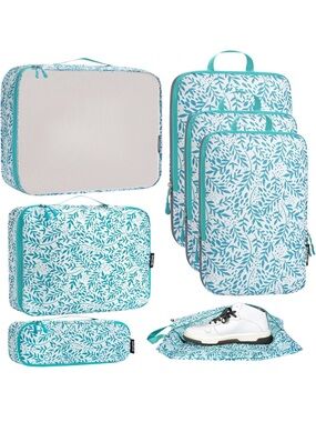 Leaf-Print Packing Cube Set - Turquoise Travel Organizers